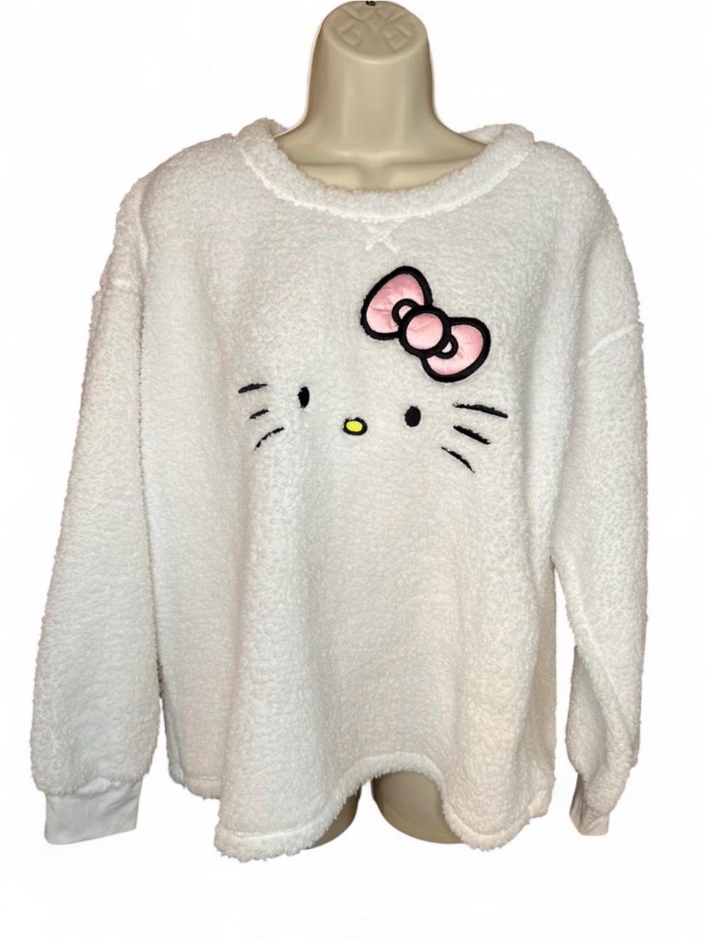 Hello Kitty White Sherpa Crewneck with Pink Bow Detail